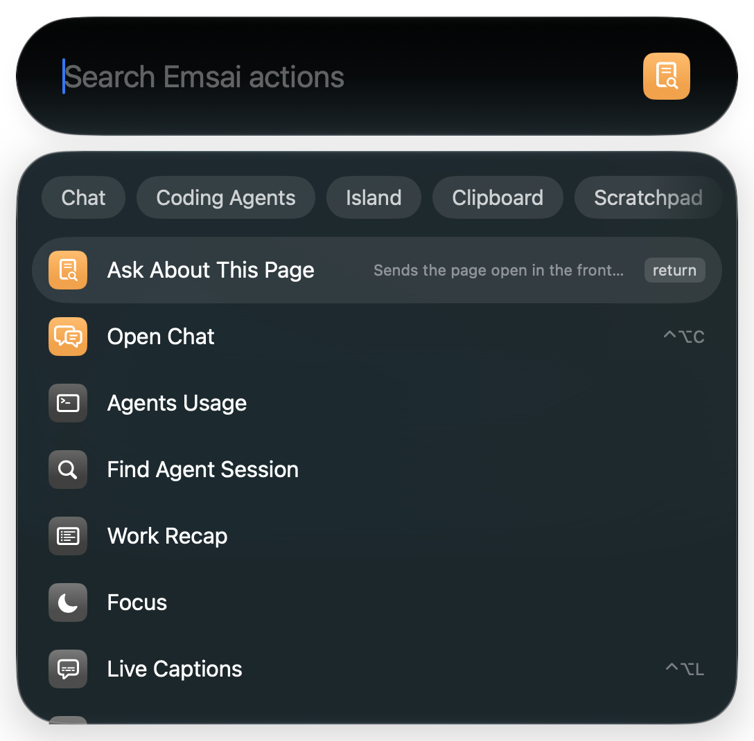 A Spotlight-style palette listing each action with its shortcut