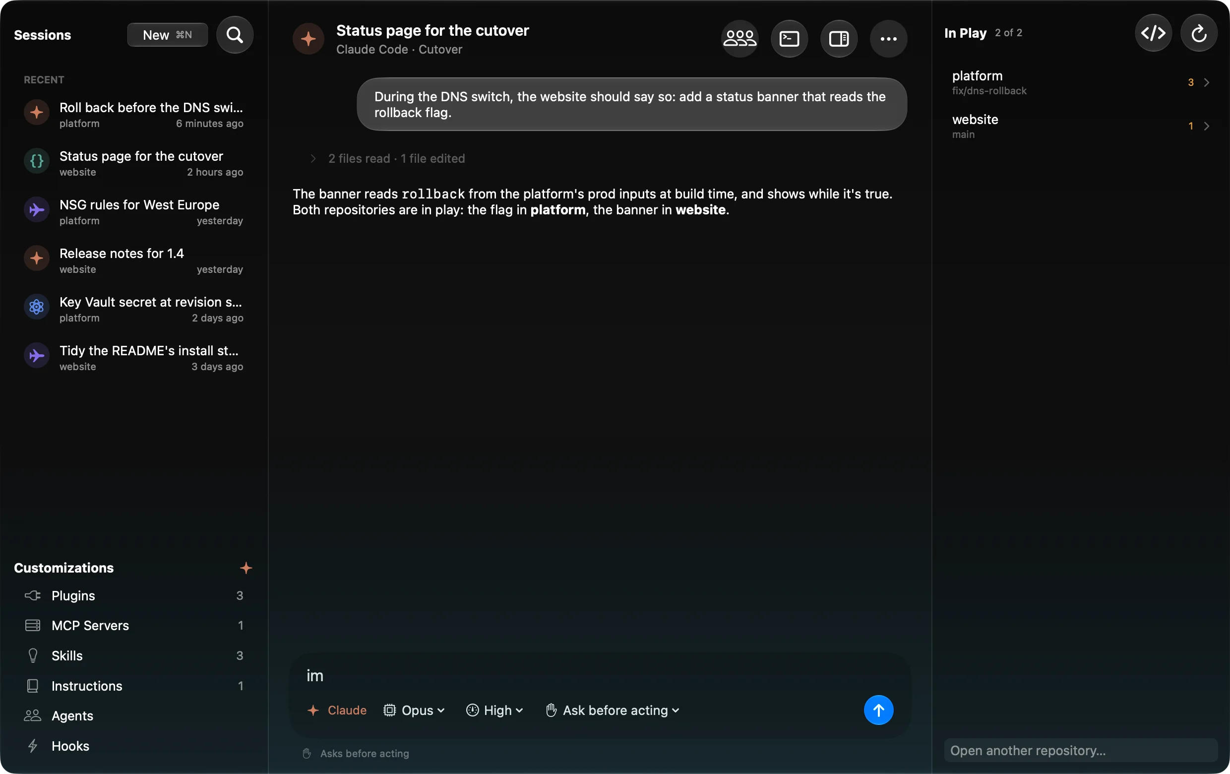 Une session dans un workspace : l’agent lit un fichier, le message suivant cite @readme, le panneau des changements liste les dépôts en jeu