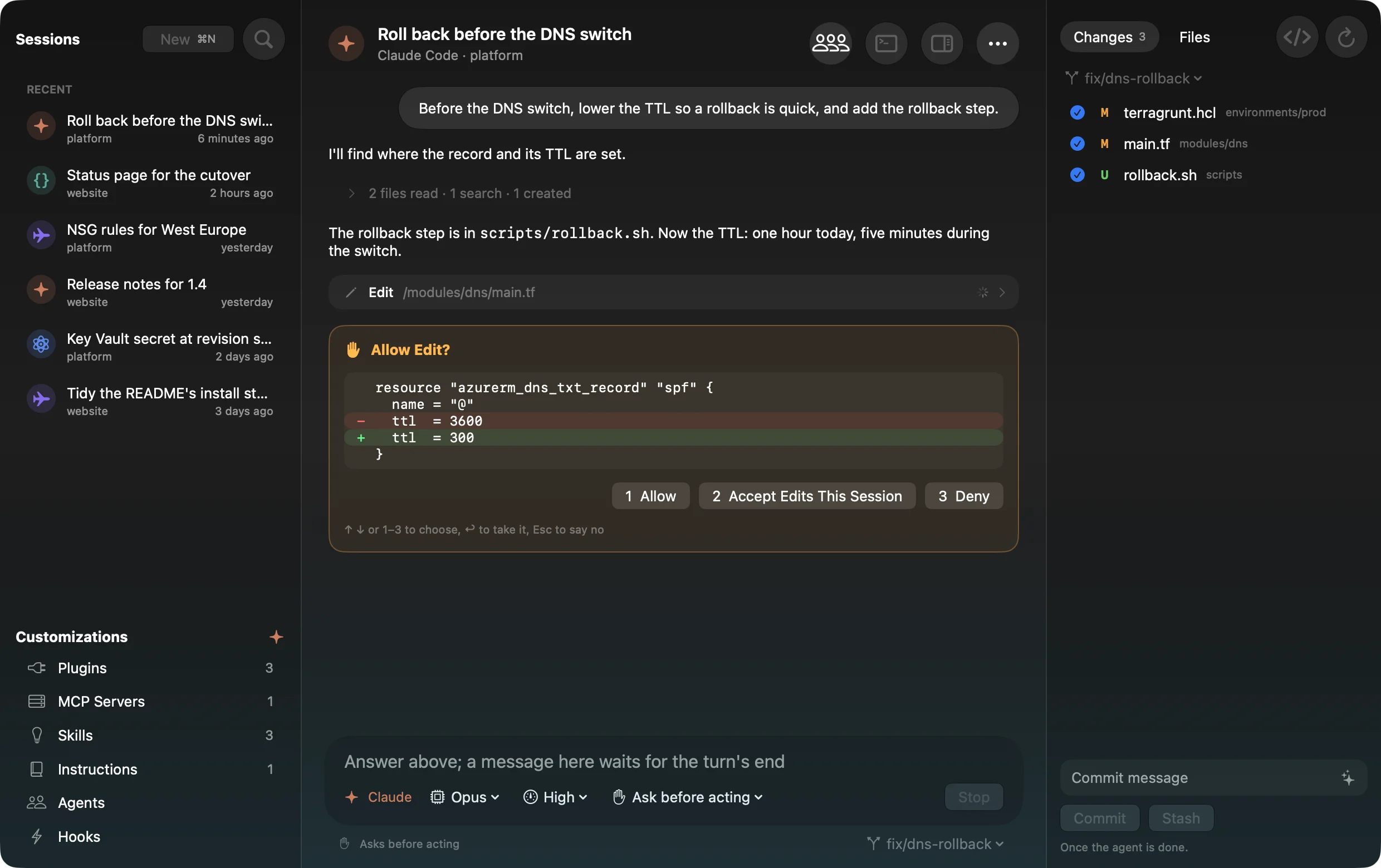 The Emsai Agents window: sessions on the left, a Claude Code session in the middle asking to allow an edit with its diff, the repository’s changes on the right