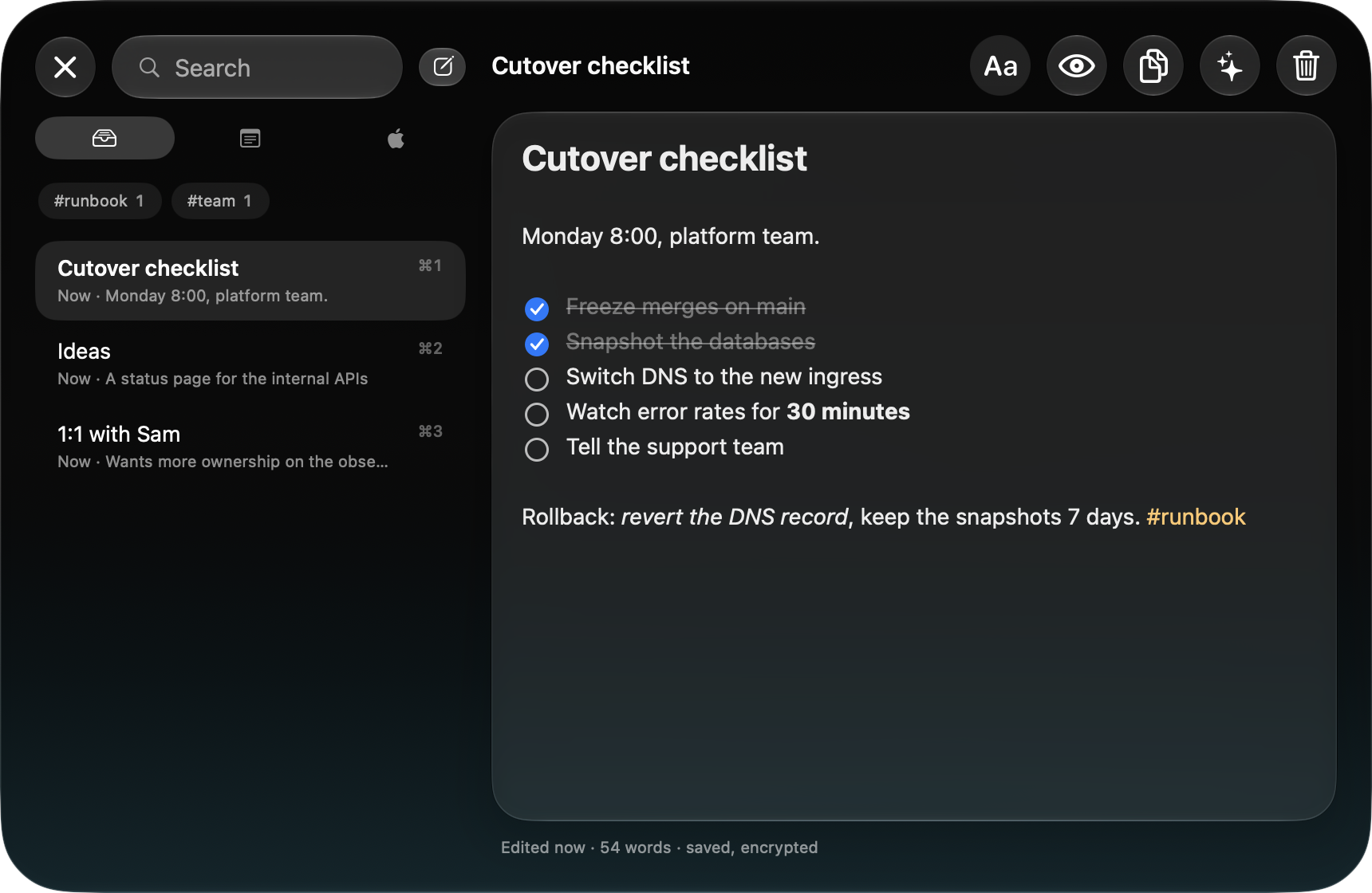 Markdown notes laid out like Apple Notes, with checkboxes and tags