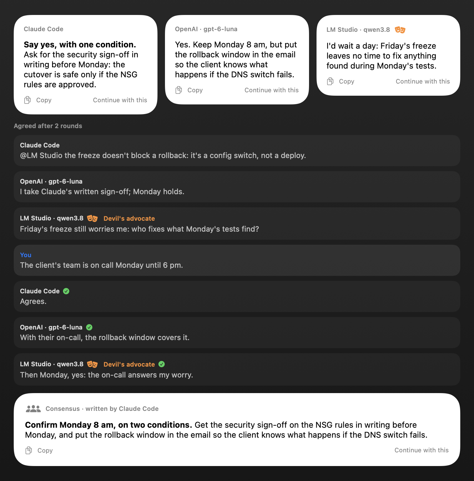 Three models’ answers side by side, then their discussion with a devil’s advocate