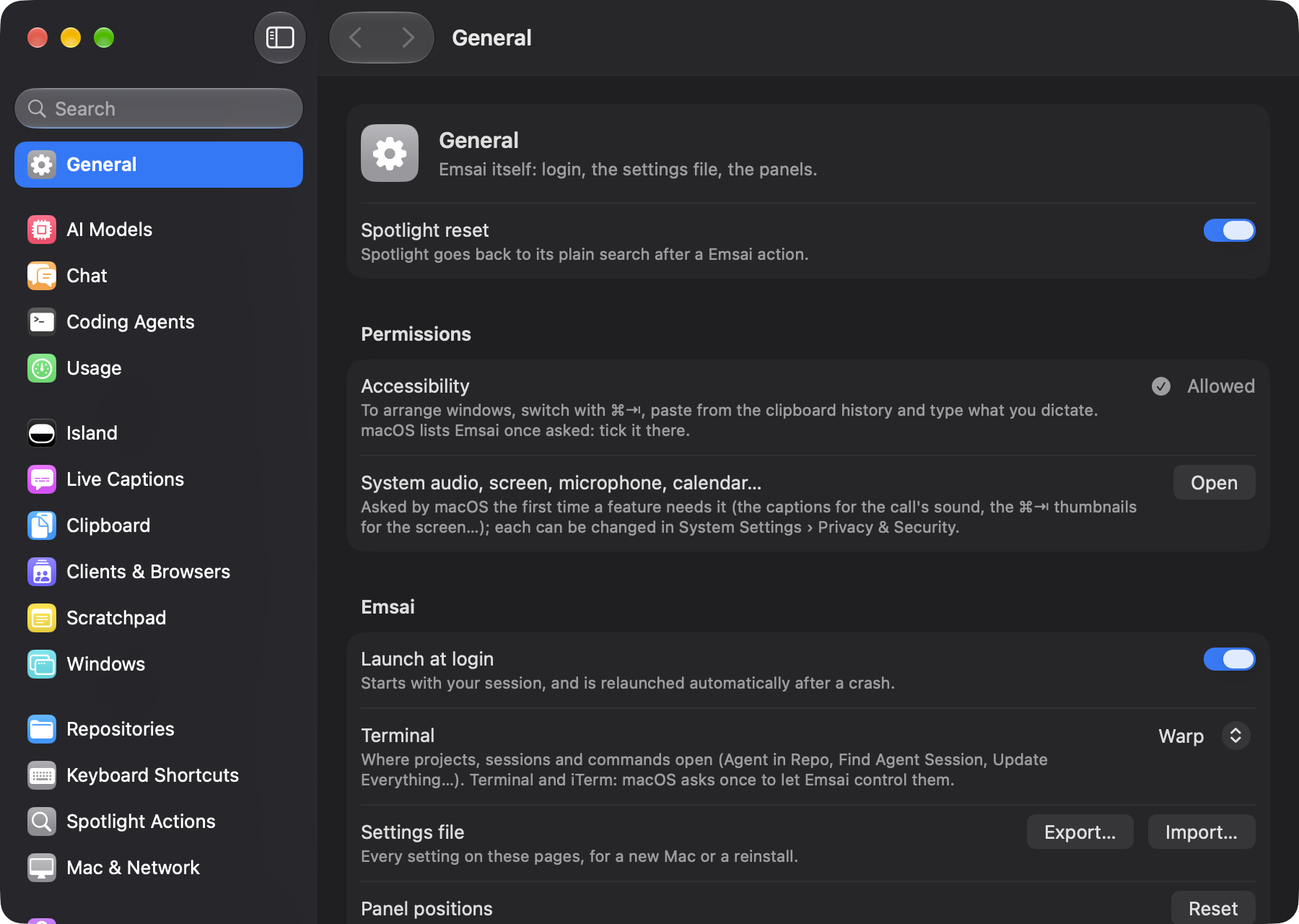 Emsai’s settings window, laid out like macOS System Settings